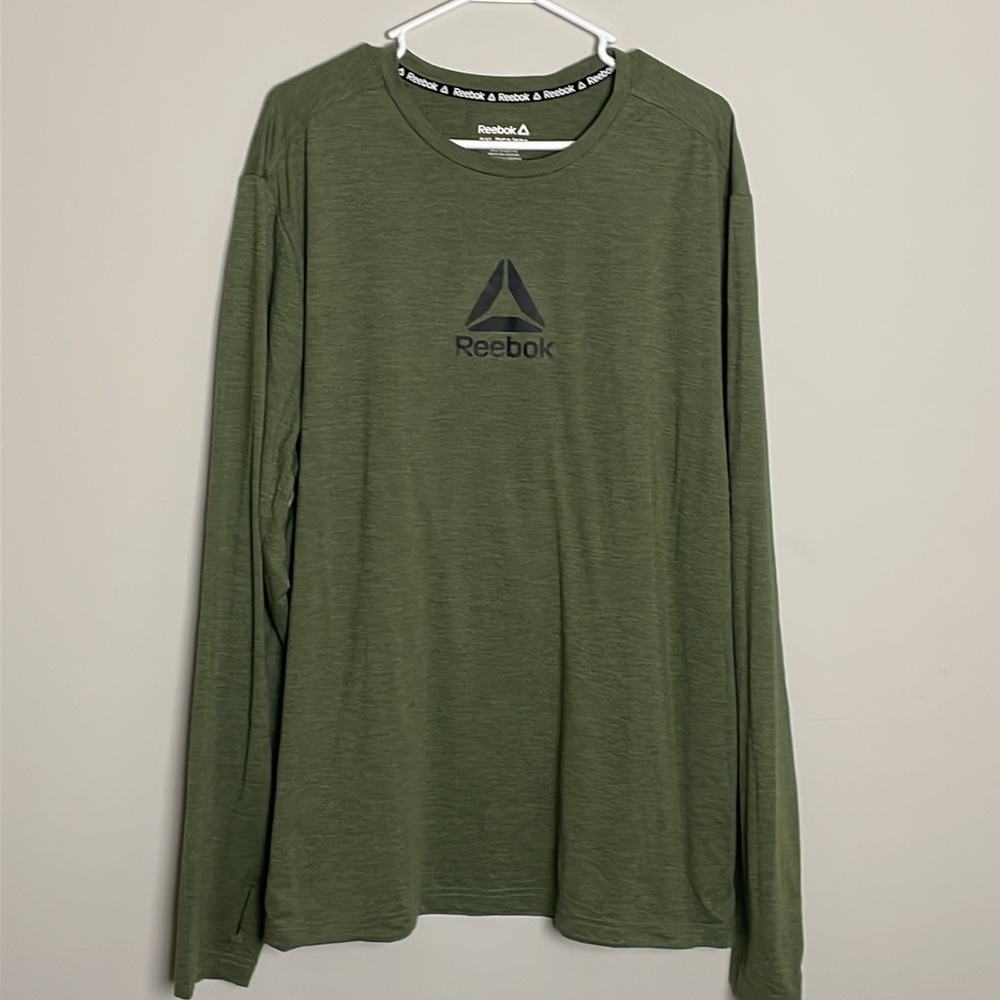 Reebok Green Athletic Long Sleeve Thumb Holes Athletic Tee- Black Logo- 2XL